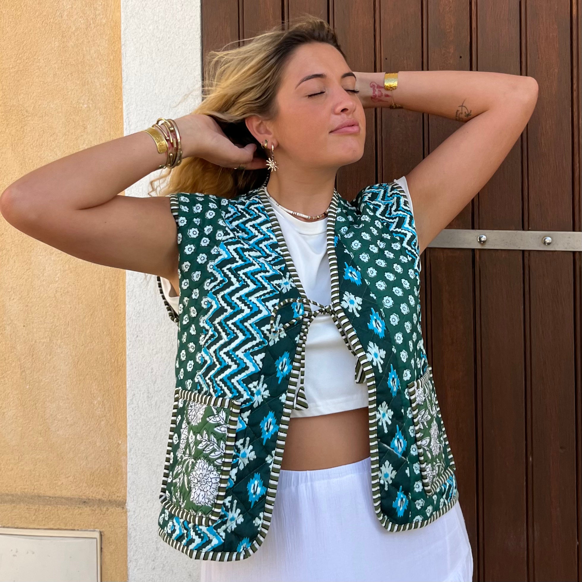 Gilet matelassé sans manche -  Green patchwork