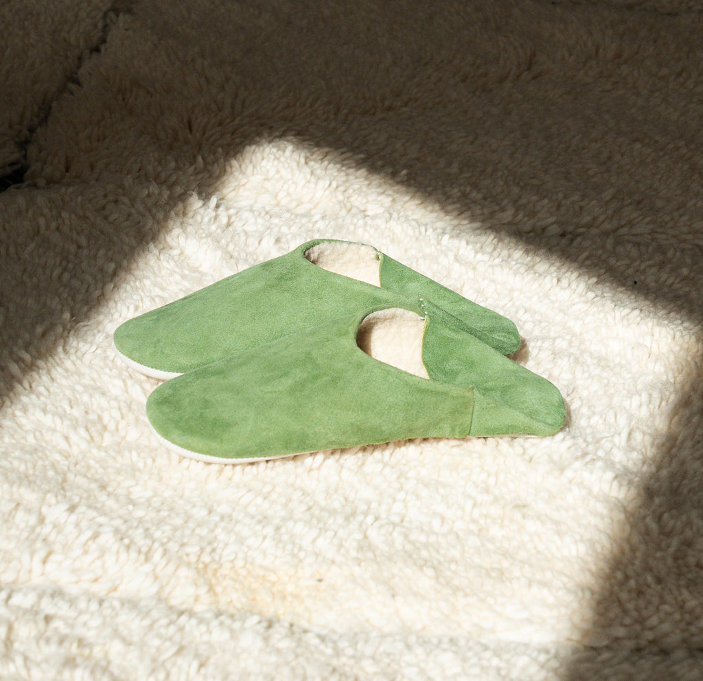 Babouches fourrées - Daim vert