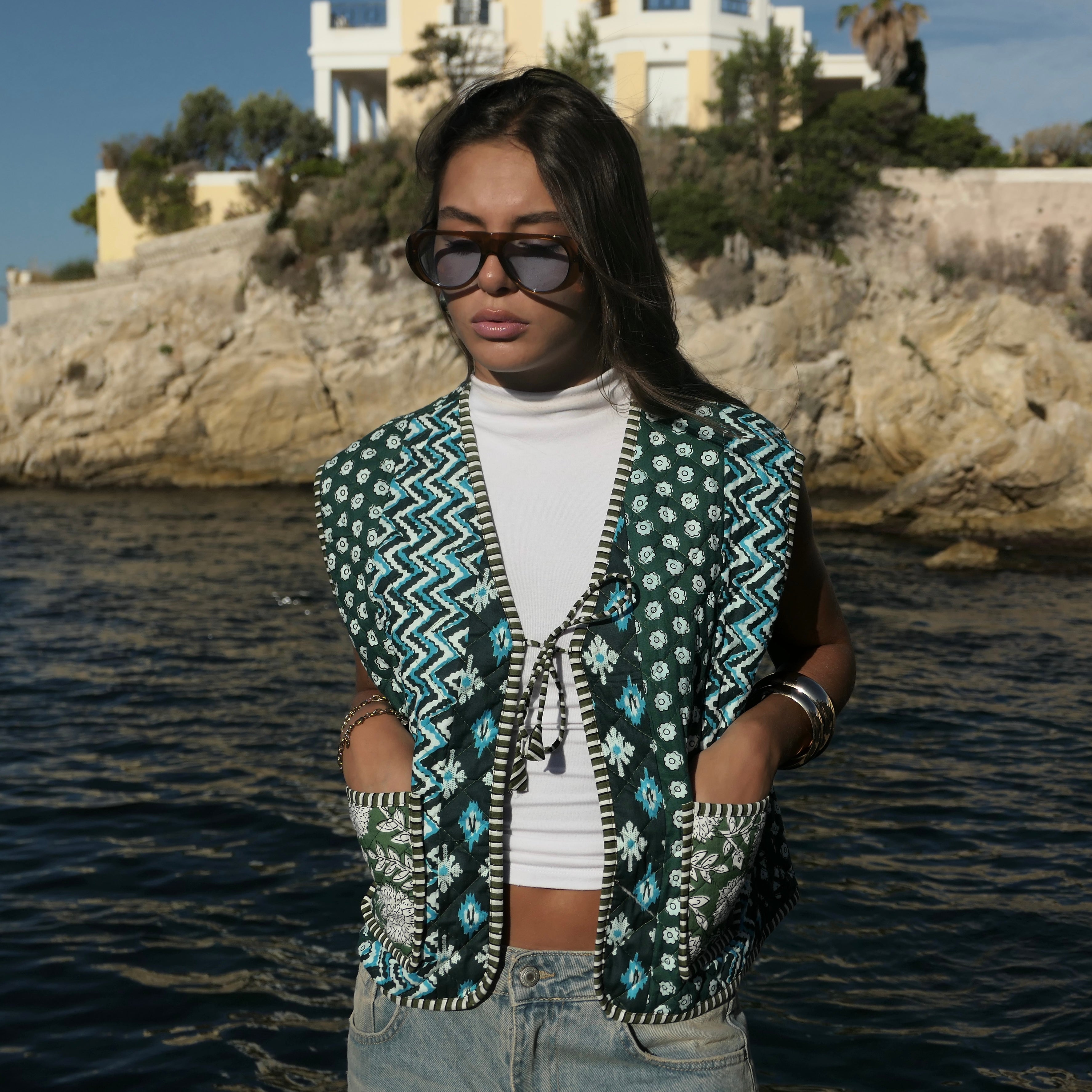 Gilet matelassé sans manche -  Green patchwork